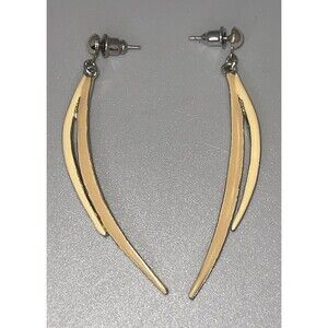 Vtg 80s Enamel Dangle Earrings Pierced Two Tone Cream Beige Minimal Silver Tone